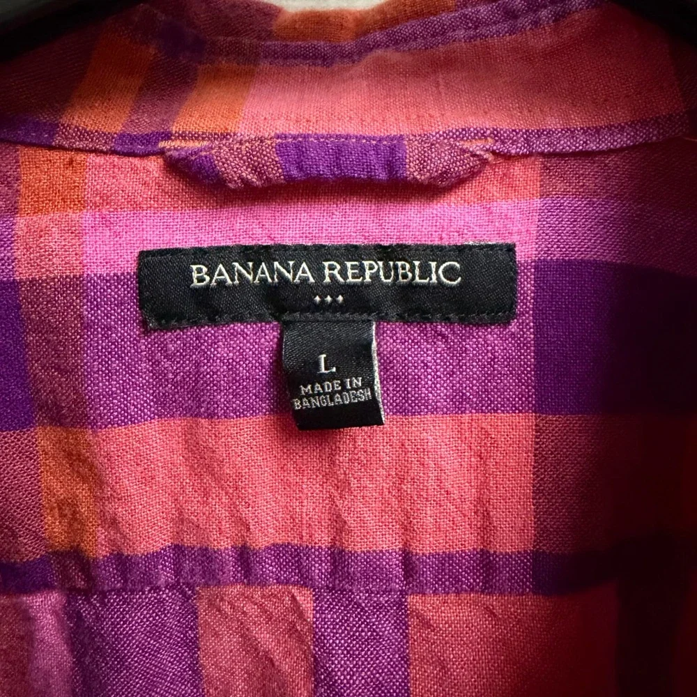 Banana Republic Mens Large Linen Cotton Plaid SS Button Down Shirt Preppy Pink